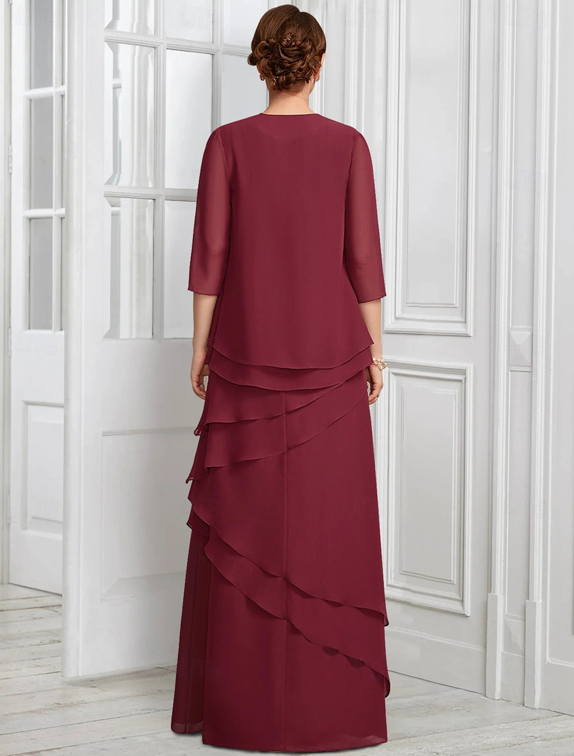 Buyishang Two Piece A-Line Dress Suit Mother of the Bride Dress Elegant Sparkle & Shine Jewel Neck Floor Length Chiffon Half Sleeve with Buttons Appliques Flower